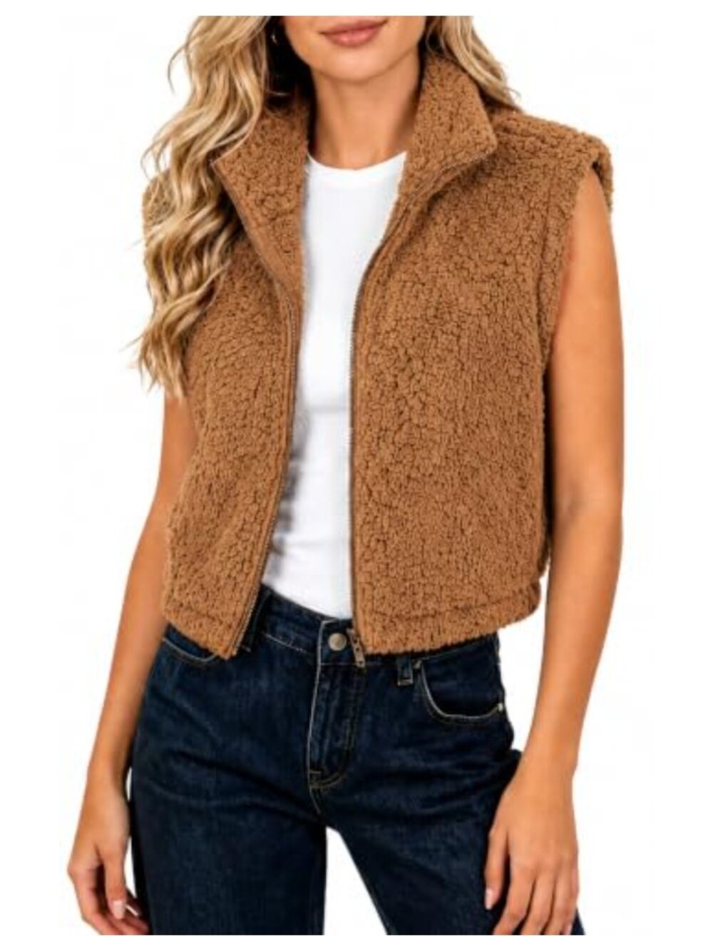 Fleece Cropped Vest Zip-Up Stand Collar Sleeveless Layer